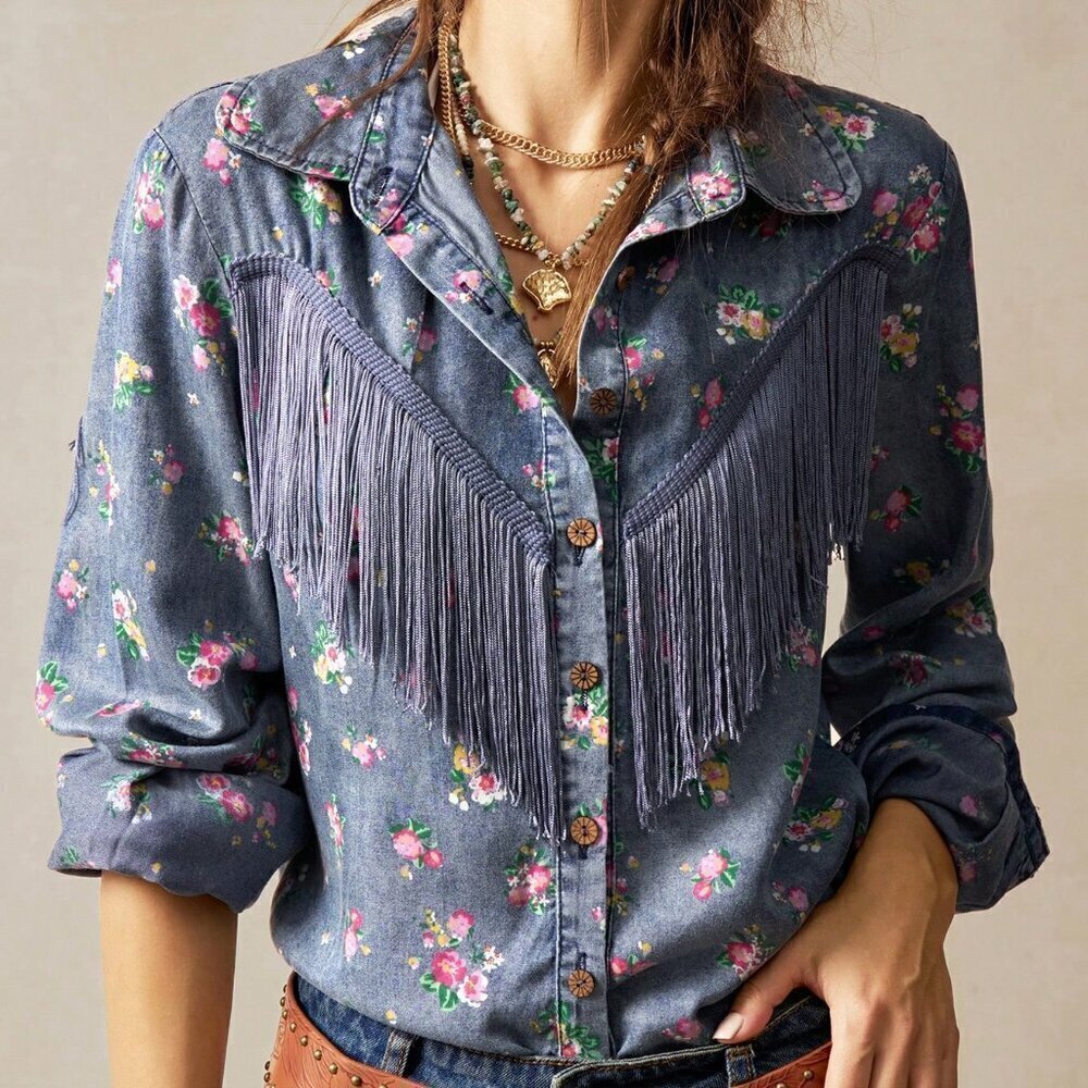 Dark Wash Casual Women's Western fringe floral Printed Loose button down Shirt